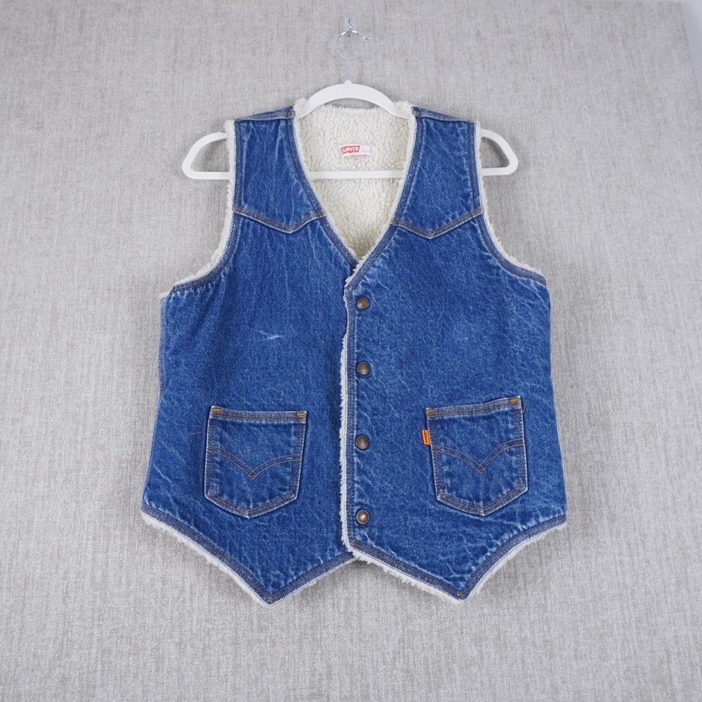 VTG LEVIS Vest Orange Tab Denim Sherpa Lining 1970s Boho Hippie Biker Medium